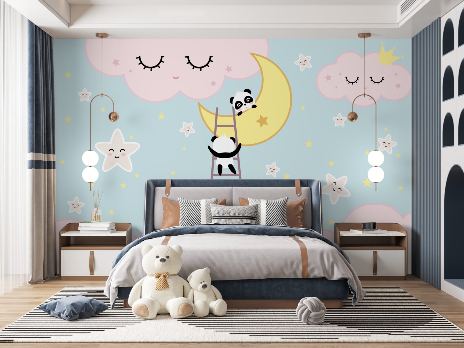 Fototapeta pandy wspinają się na księżyc po drabinie