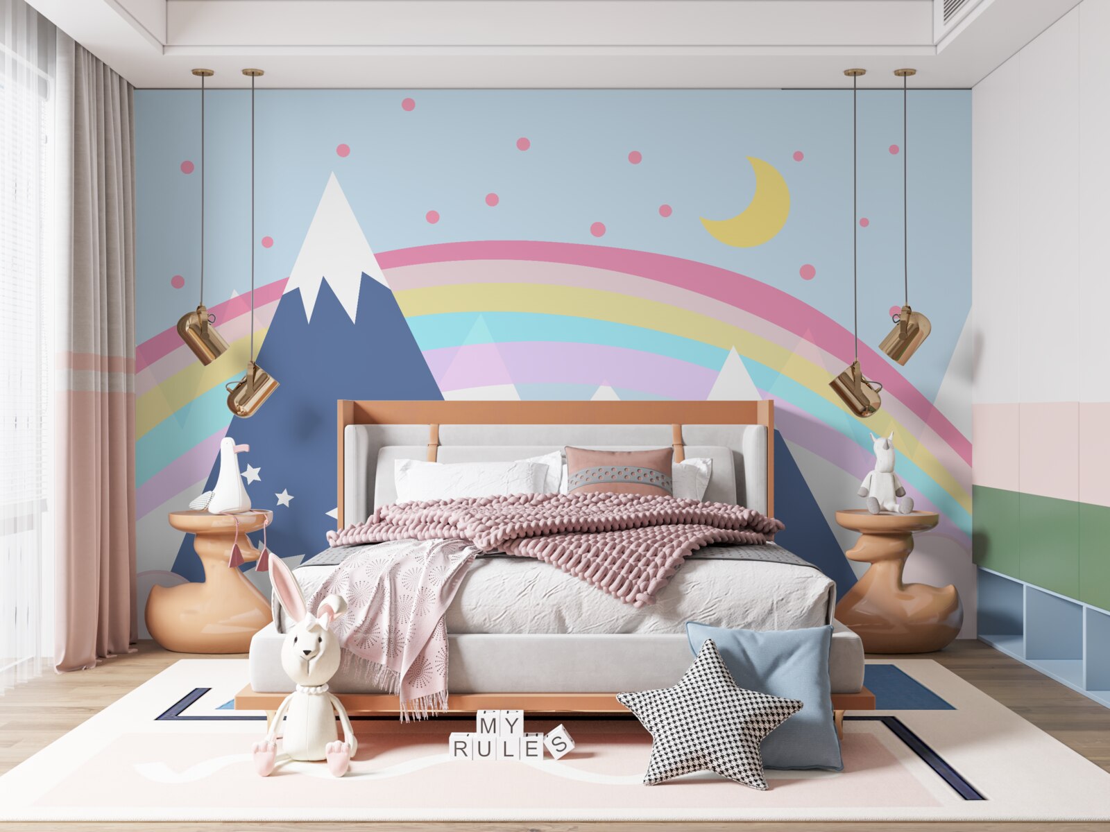 Fototapeta góry w niebieskim odcieniu w tle z tęczą