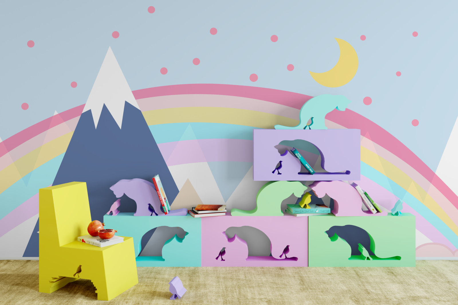 Fototapeta góry w niebieskim odcieniu w tle z tęczą