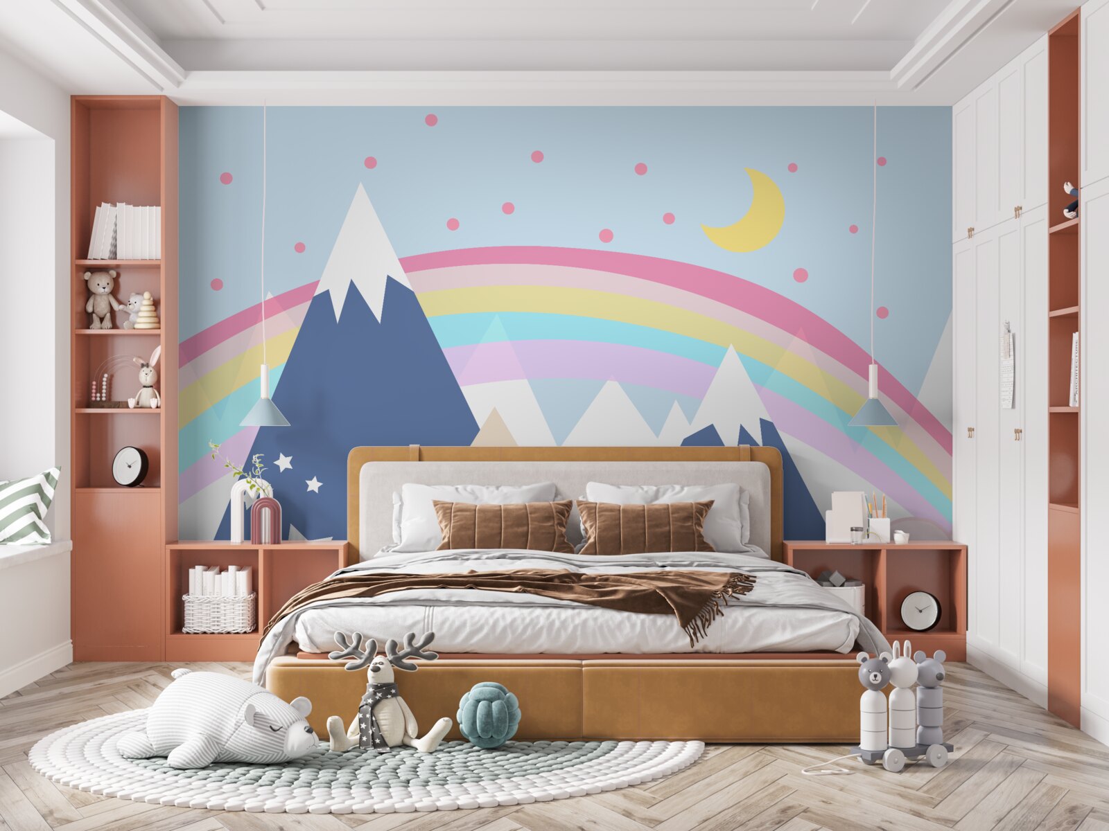 Fototapeta góry w niebieskim odcieniu w tle z tęczą