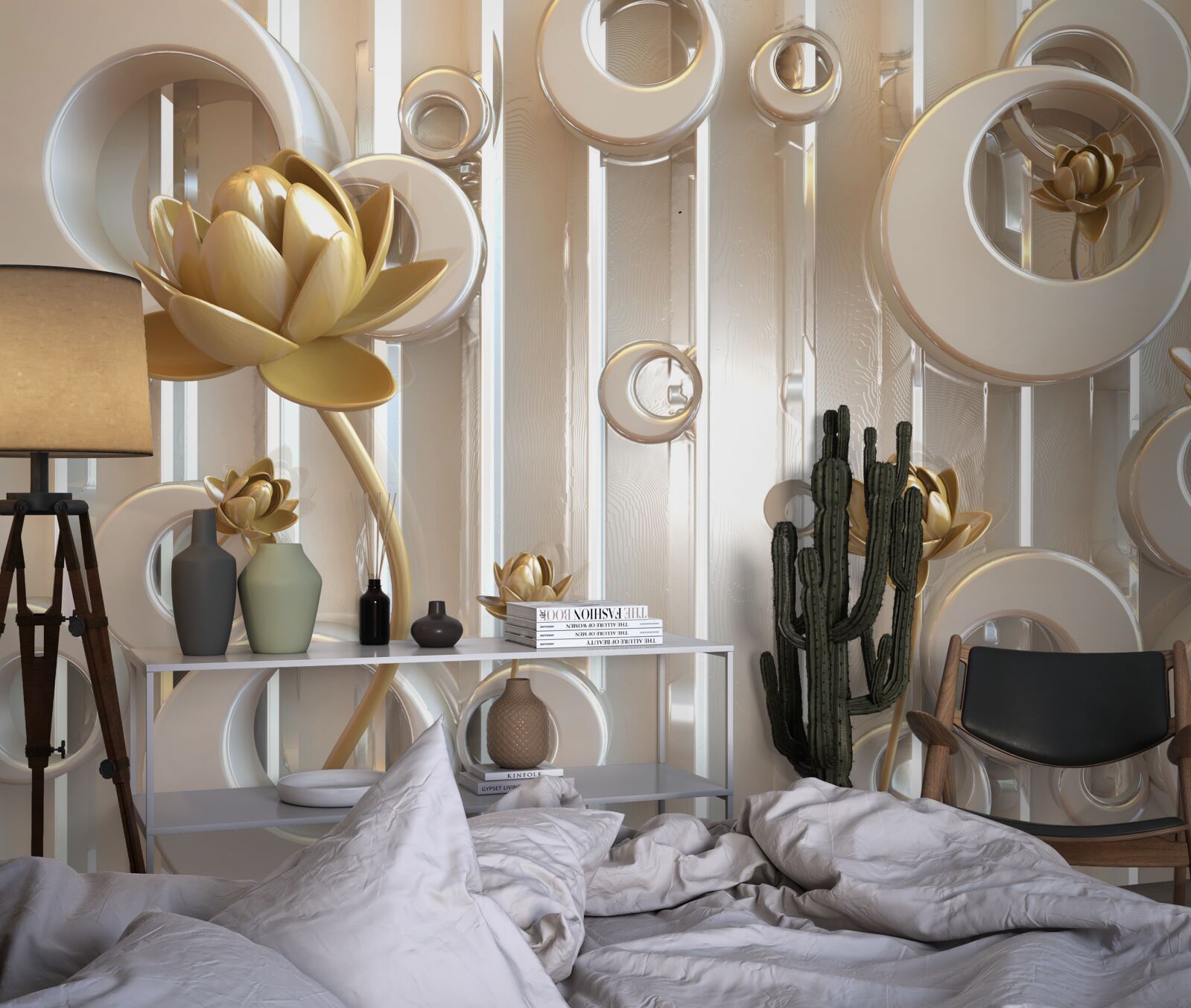 Fototapeta złote kwiaty i kule księżycowe