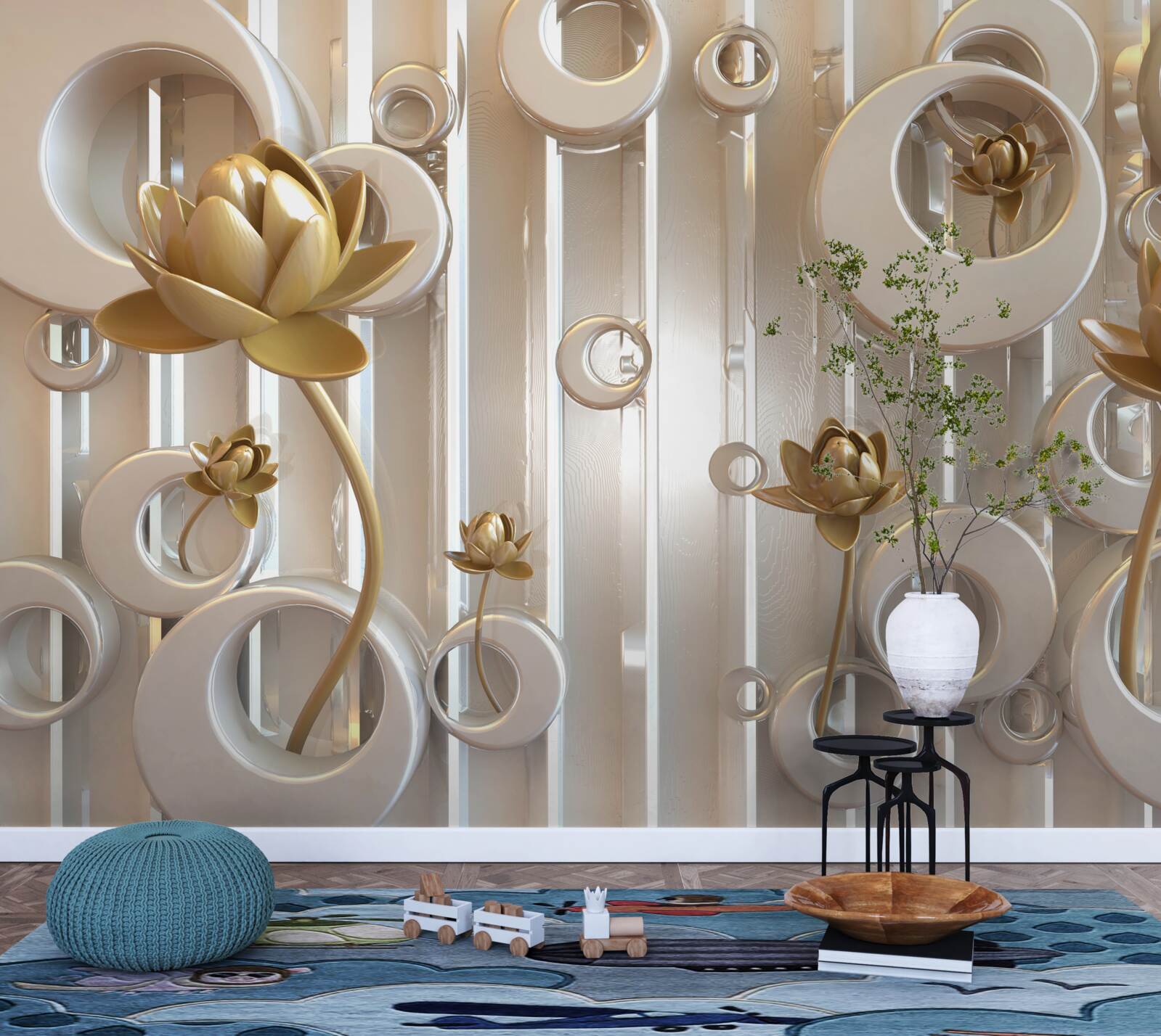 Fototapeta złote kwiaty i kule księżycowe