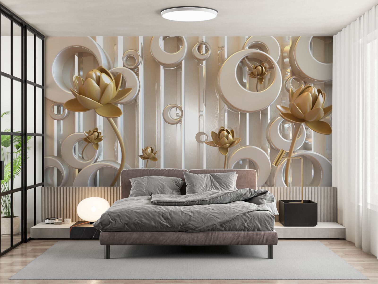 Fototapeta złote kwiaty i kule księżycowe