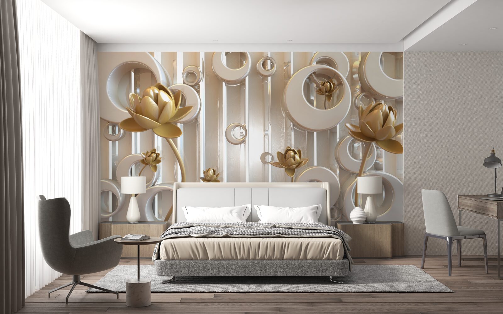 Fototapeta złote kwiaty i kule księżycowe