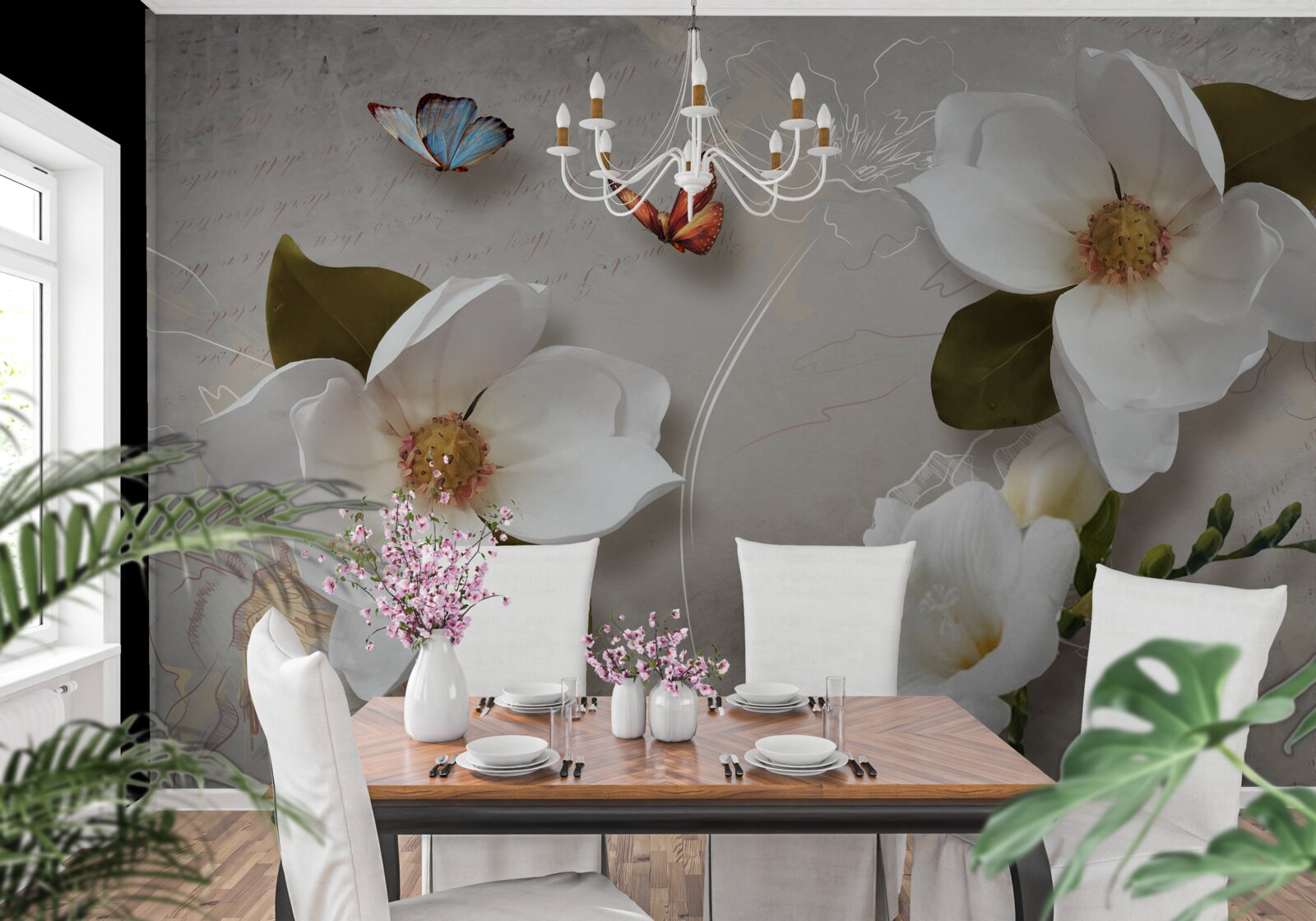 Fototapeta dwa motyle przelatują nad śnieżnobiałymi kwiatami