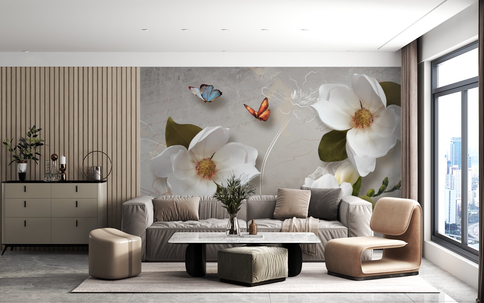 Fototapeta dwa motyle przelatują nad śnieżnobiałymi kwiatami