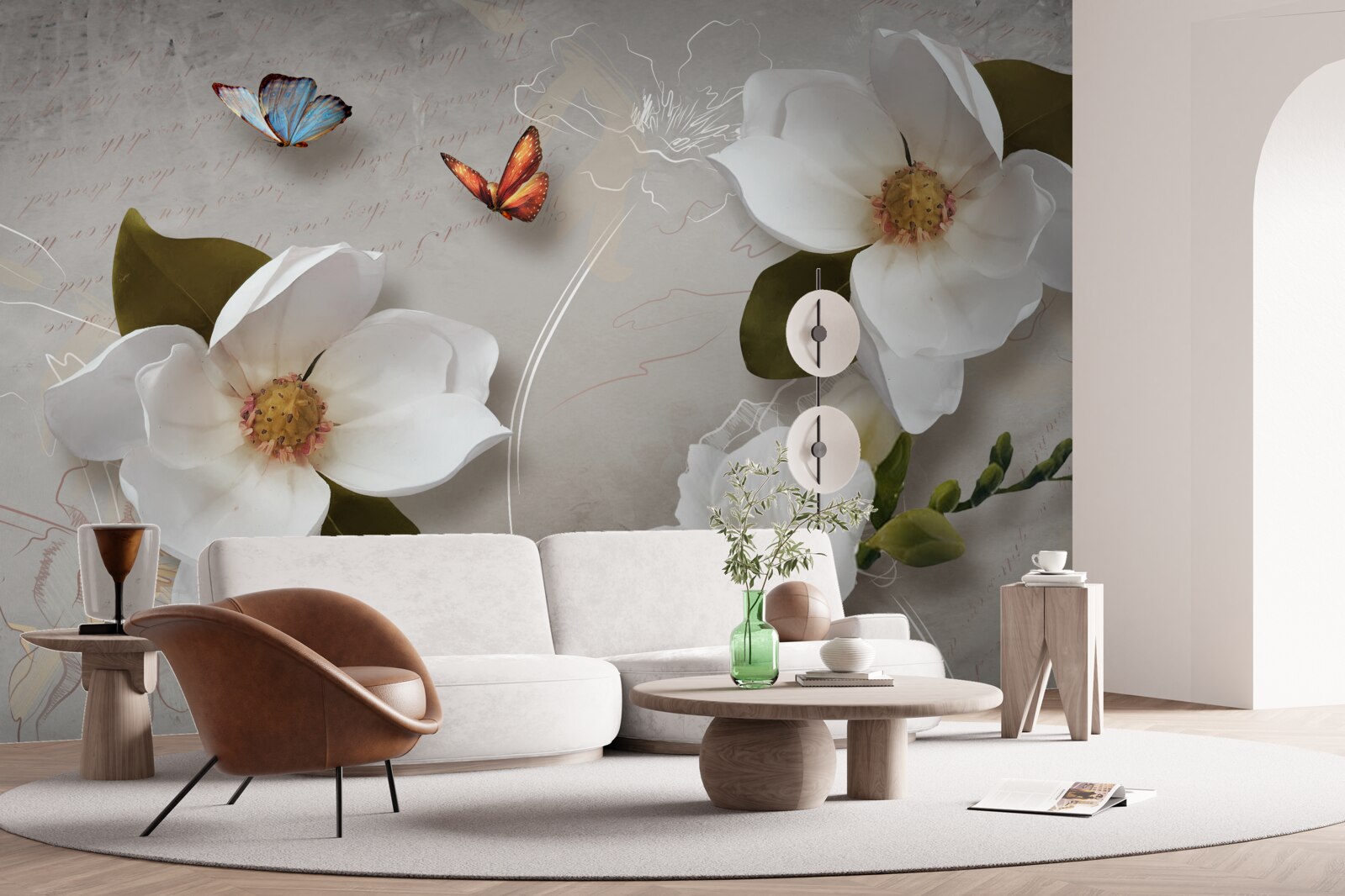 Fototapeta dwa motyle przelatują nad śnieżnobiałymi kwiatami