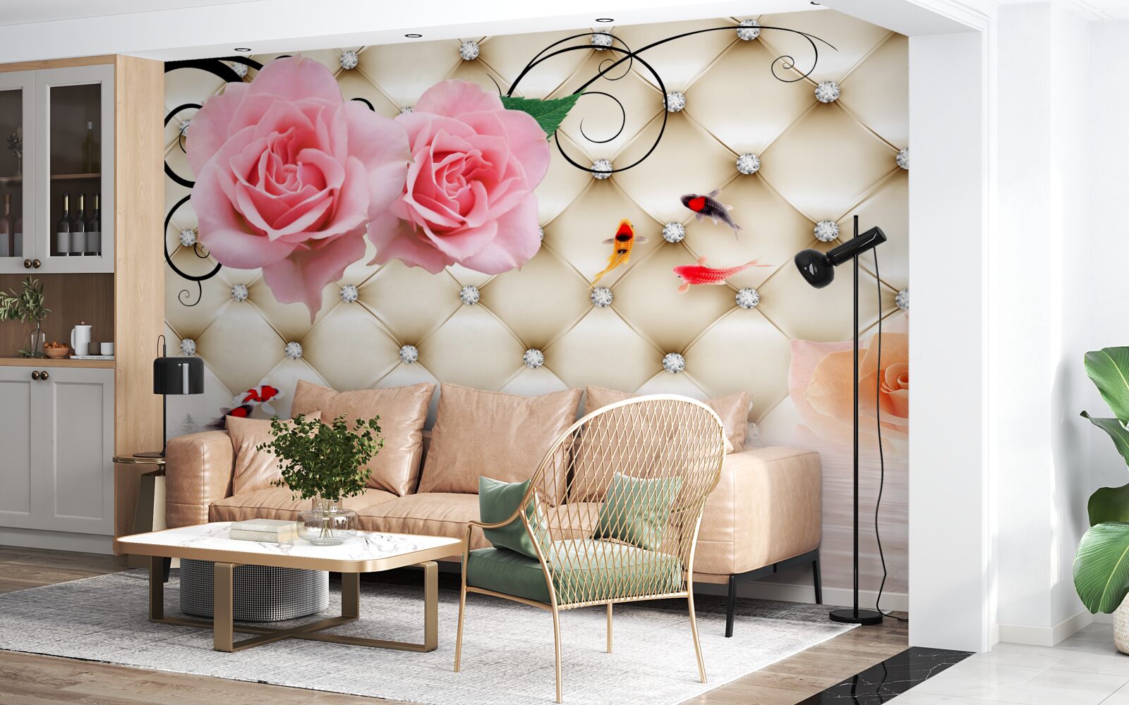 Fototapeta motyle i róże nad życiodajnymi elementami