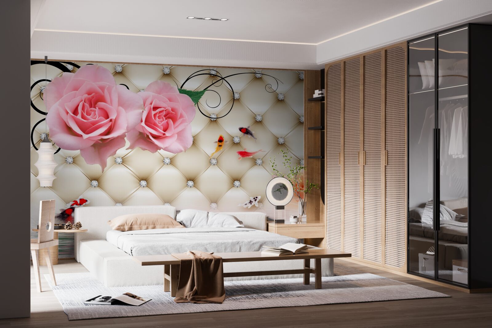 Fototapeta motyle i róże nad życiodajnymi elementami