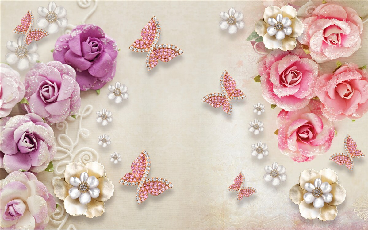 Fototapeta kwiaty otoczone są motylami wykonanymi z kamieni