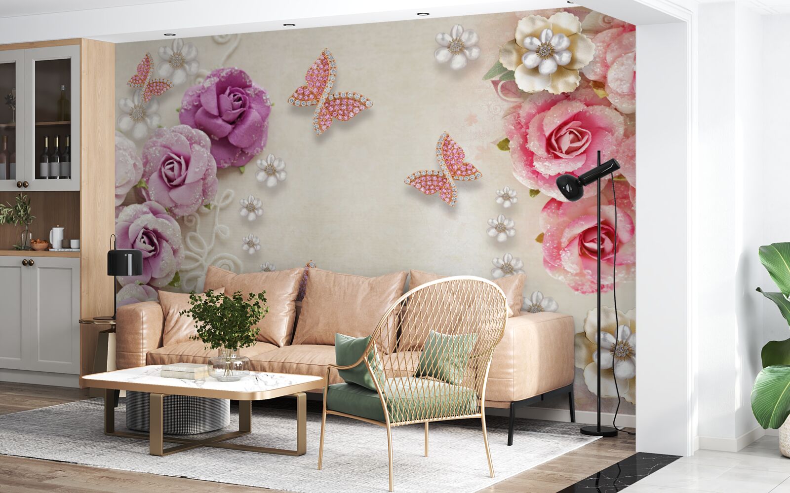 Fototapeta kwiaty otoczone są motylami wykonanymi z kamieni