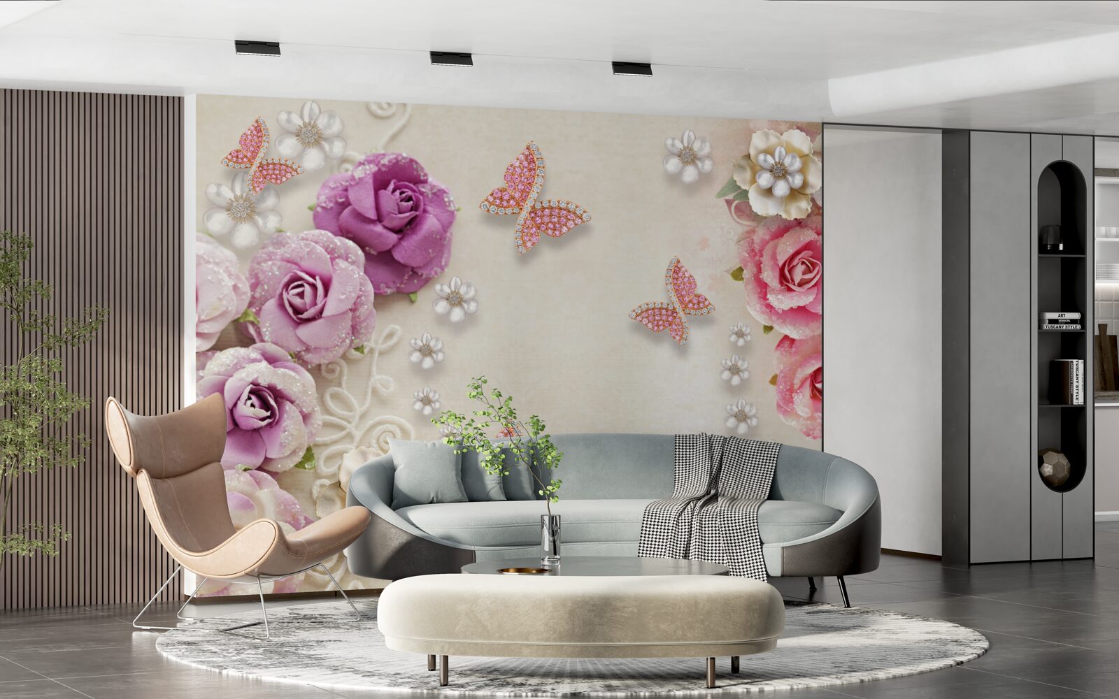 Fototapeta kwiaty otoczone są motylami wykonanymi z kamieni