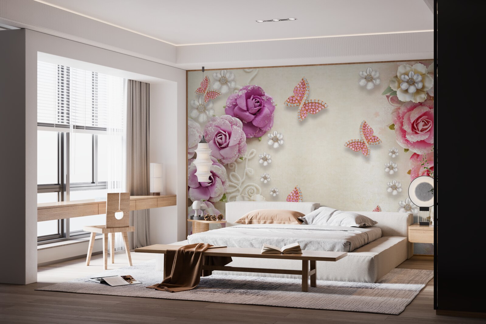 Fototapeta kwiaty otoczone są motylami wykonanymi z kamieni