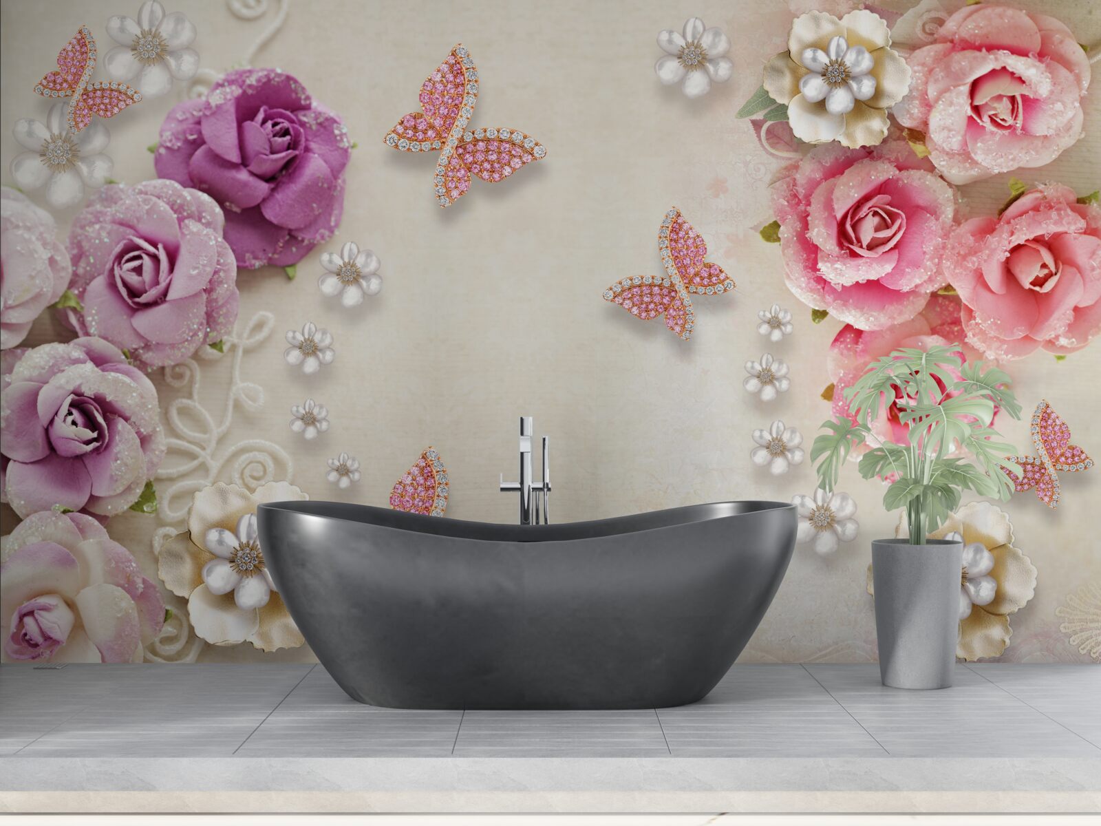 Fototapeta kwiaty otoczone są motylami wykonanymi z kamieni