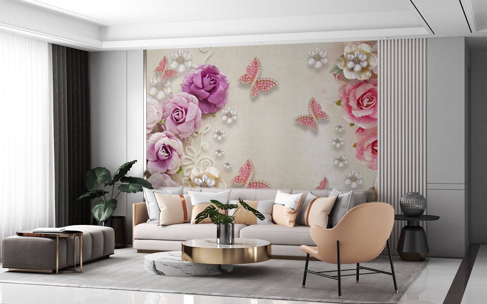 Fototapeta kwiaty otoczone są motylami wykonanymi z kamieni