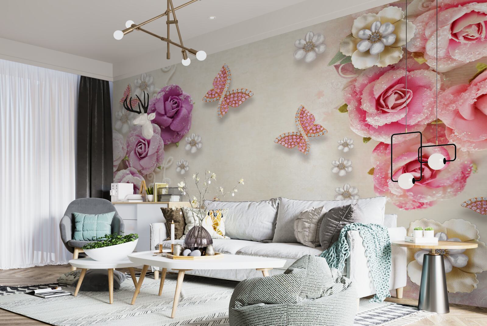 Fototapeta kwiaty otoczone są motylami wykonanymi z kamieni