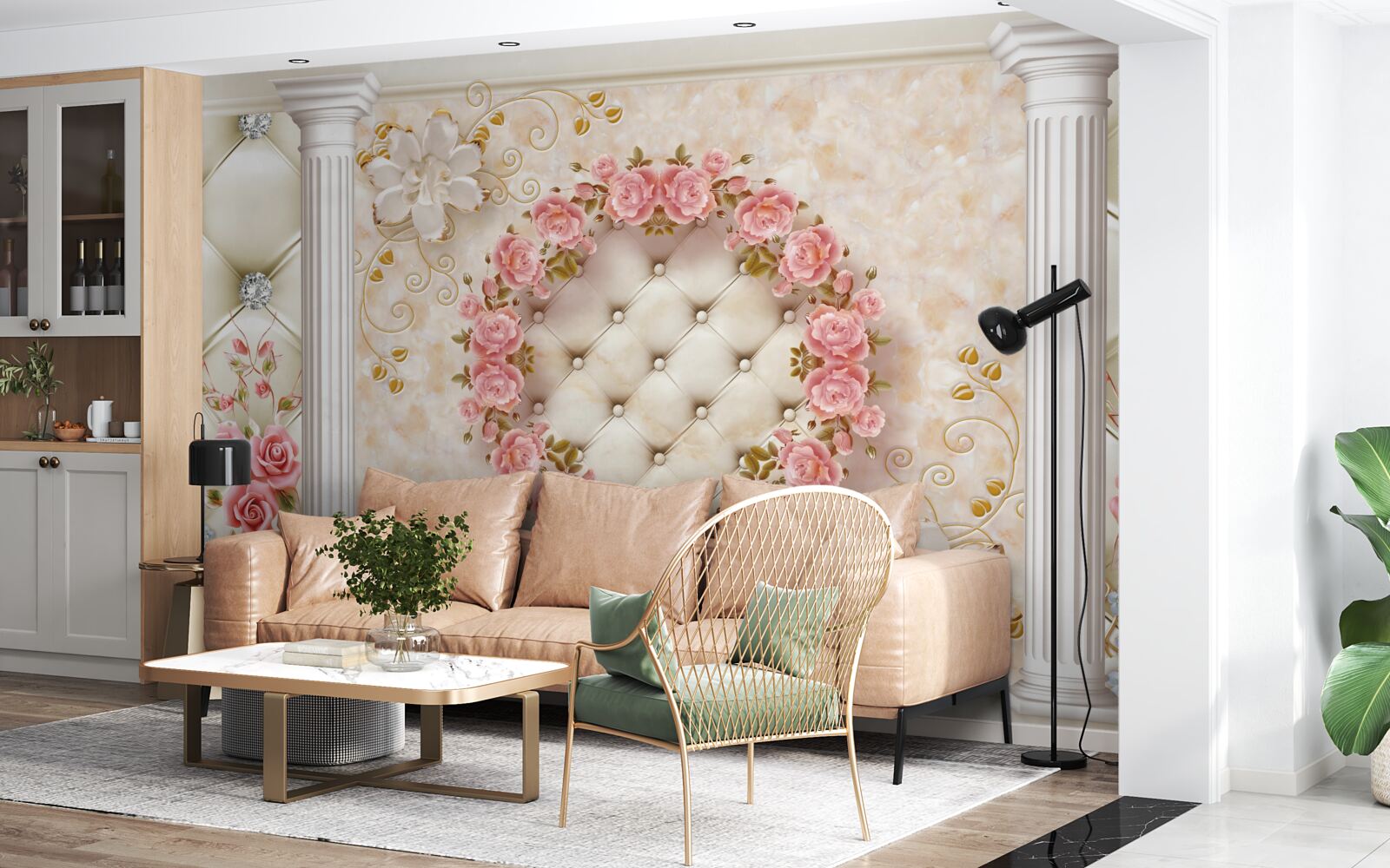 Fototapeta na ścianie wisi wieniec z różowych róż