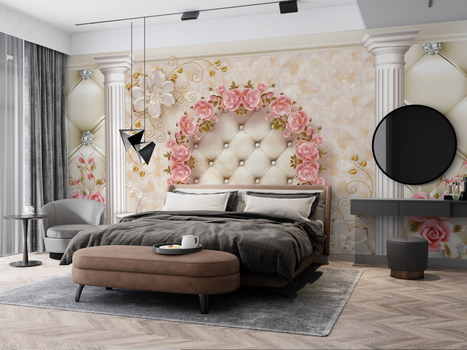 Fototapeta na ścianie wisi wieniec z różowych róż