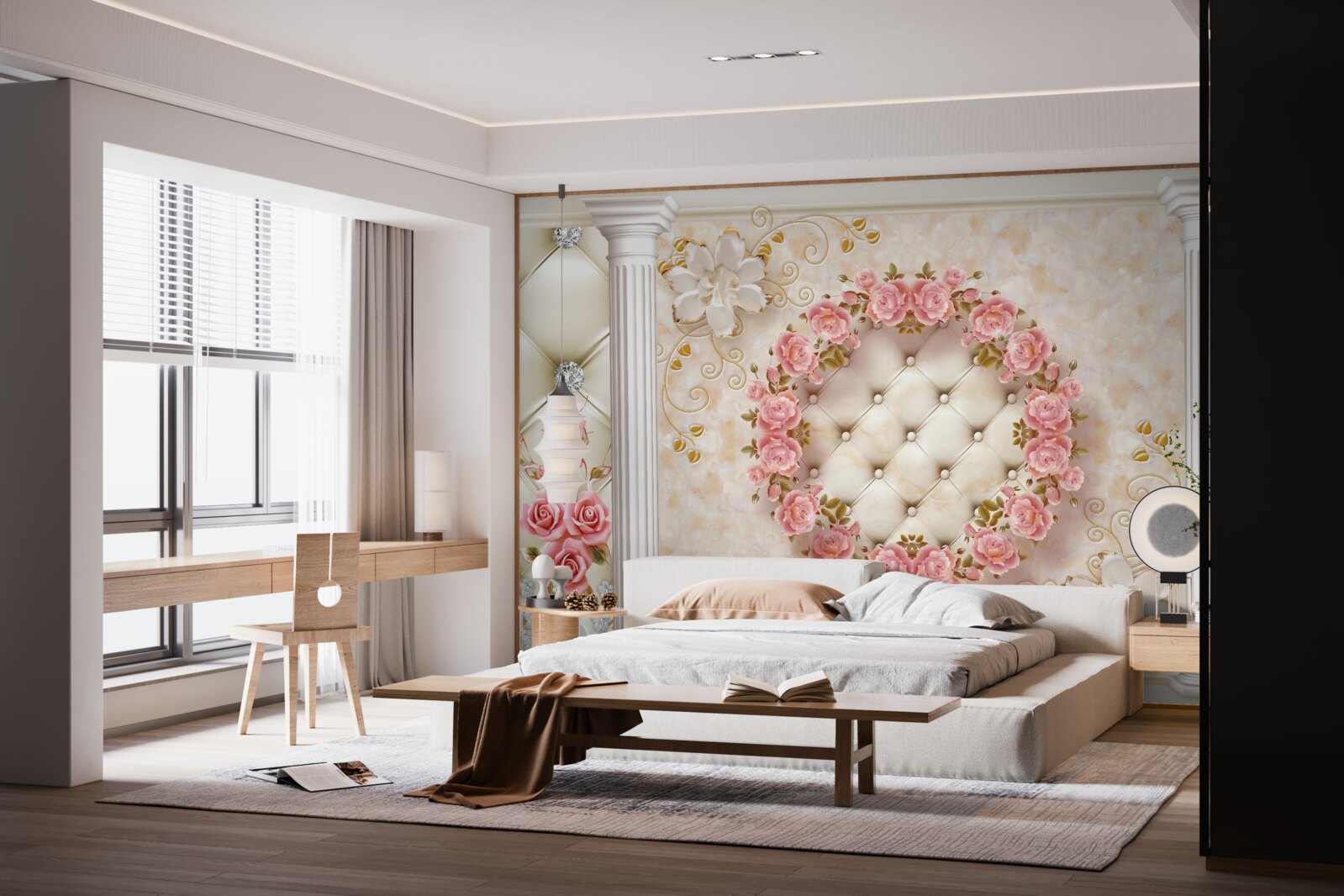 Fototapeta na ścianie wisi wieniec z różowych róż