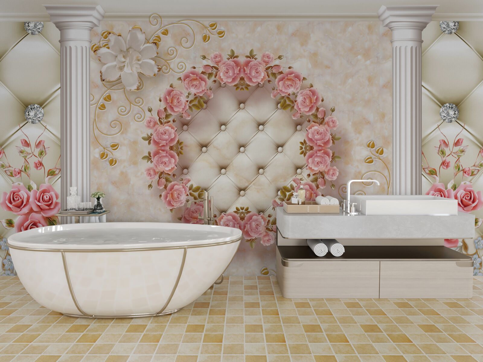 Fototapeta na ścianie wisi wieniec z różowych róż