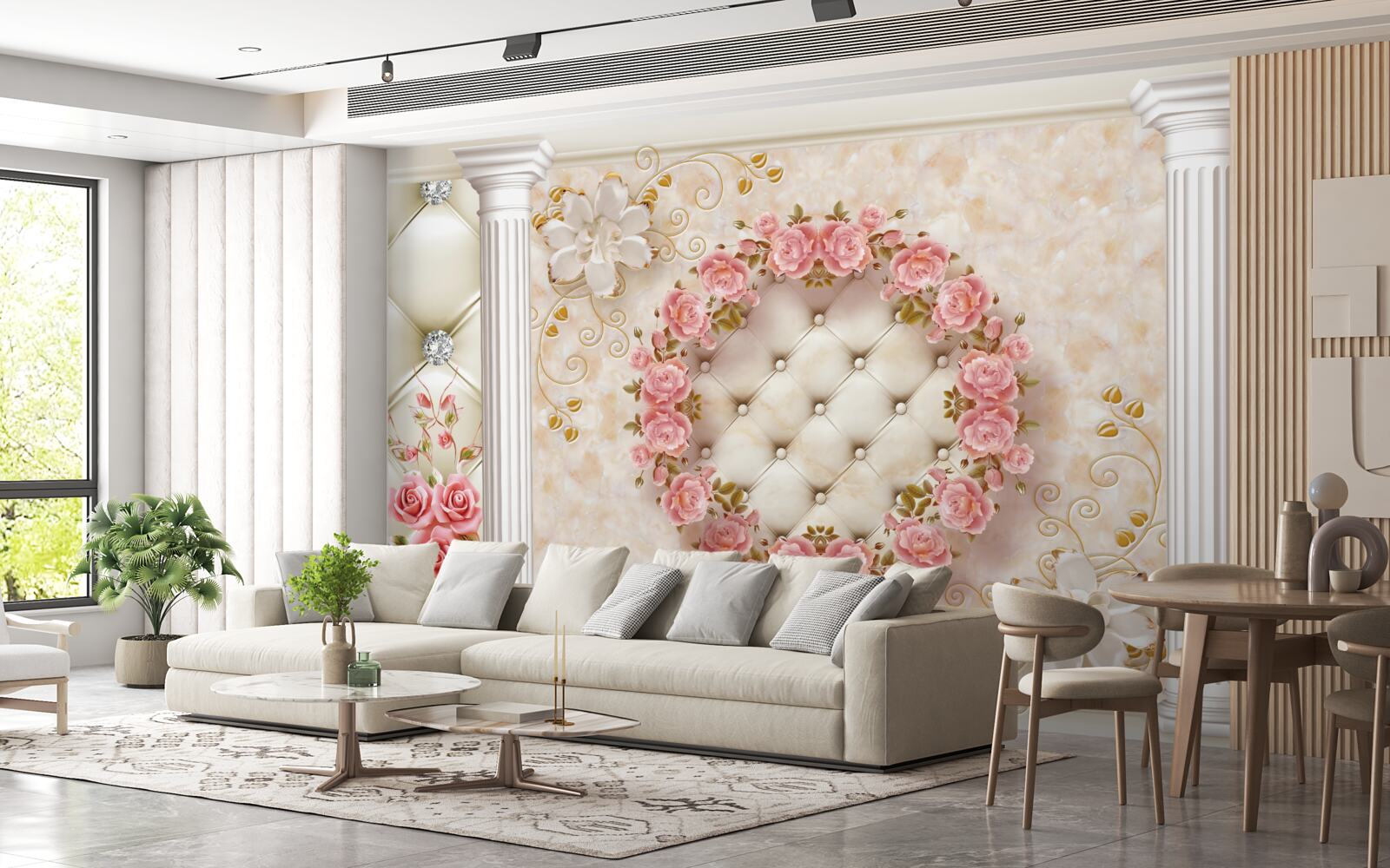 Fototapeta na ścianie wisi wieniec z różowych róż