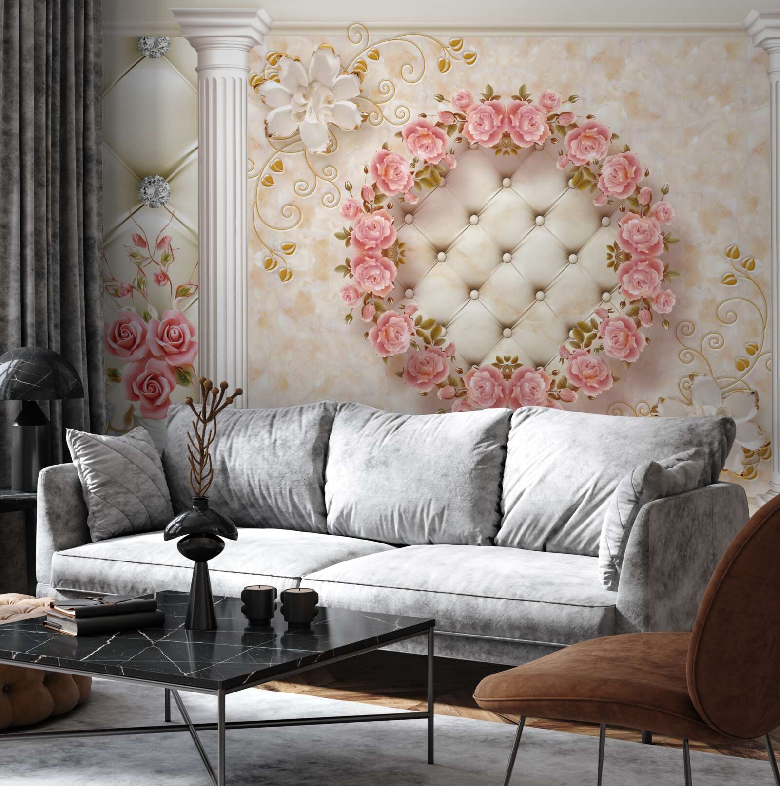 Fototapeta na ścianie wisi wieniec z różowych róż