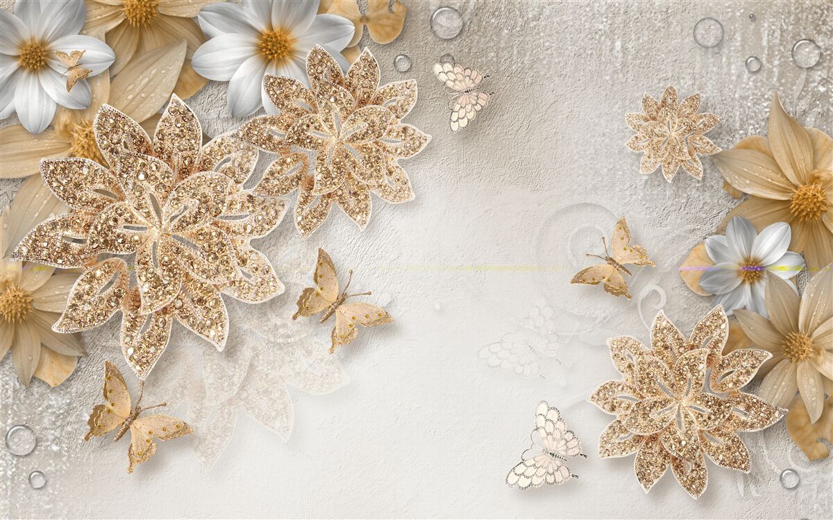 Fototapeta kwiaty w odcieniach bieli i brązu z fruwającymi motylami