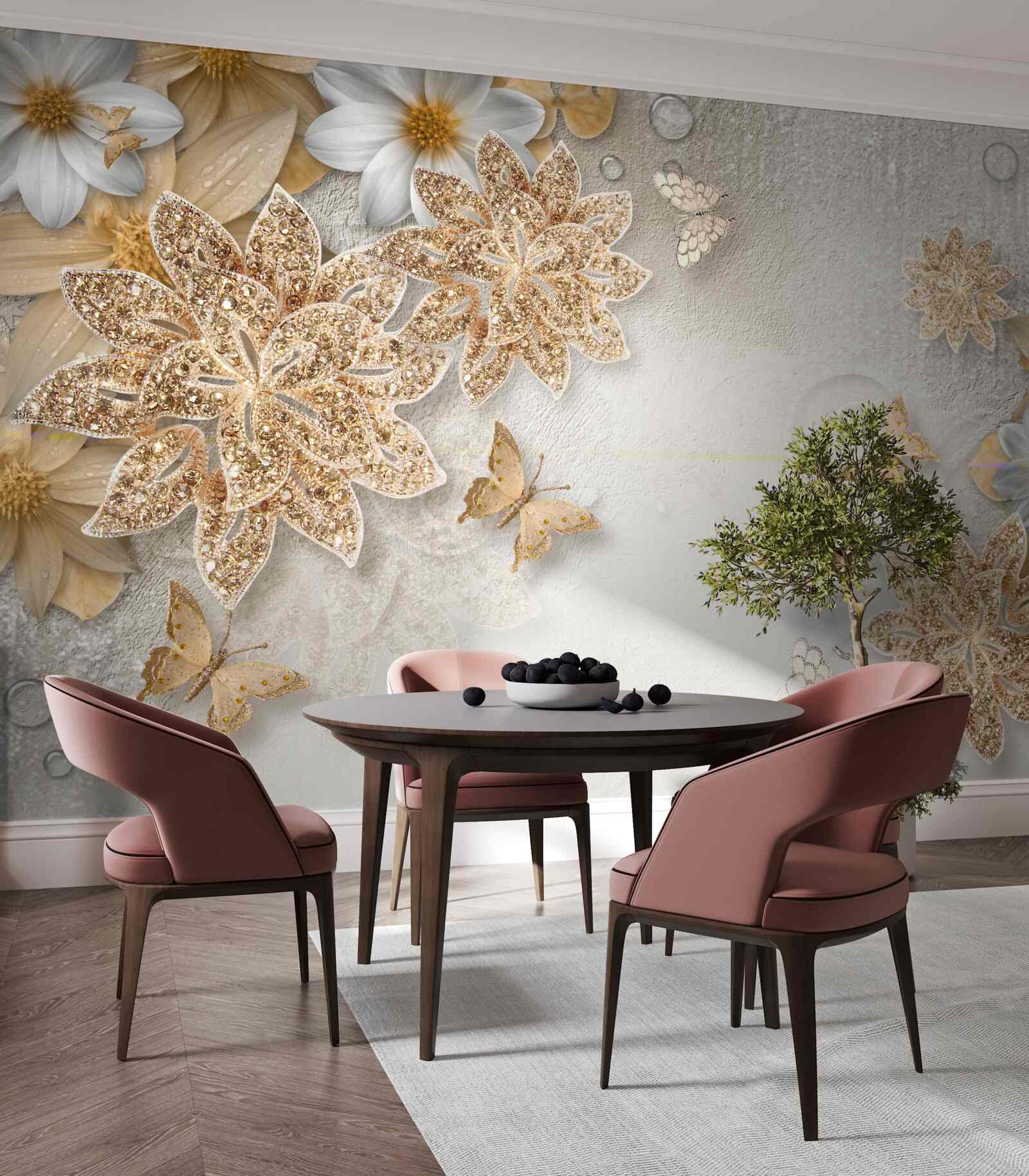 Fototapeta kwiaty w odcieniach bieli i brązu z fruwającymi motylami