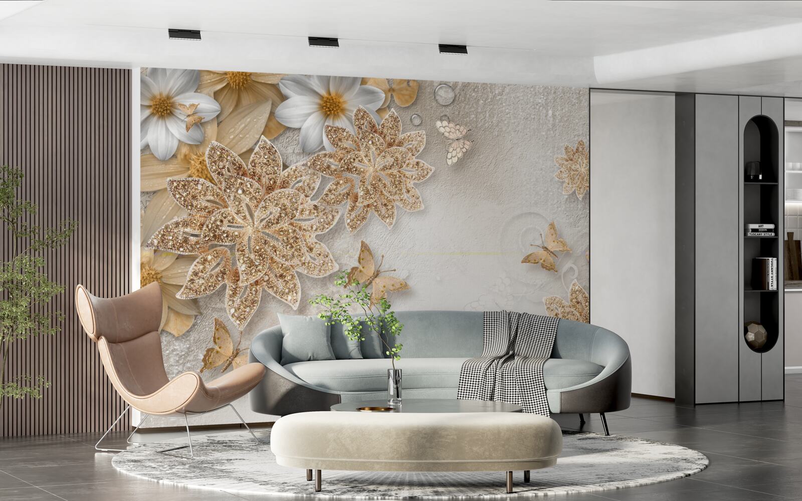 Fototapeta kwiaty w odcieniach bieli i brązu z fruwającymi motylami