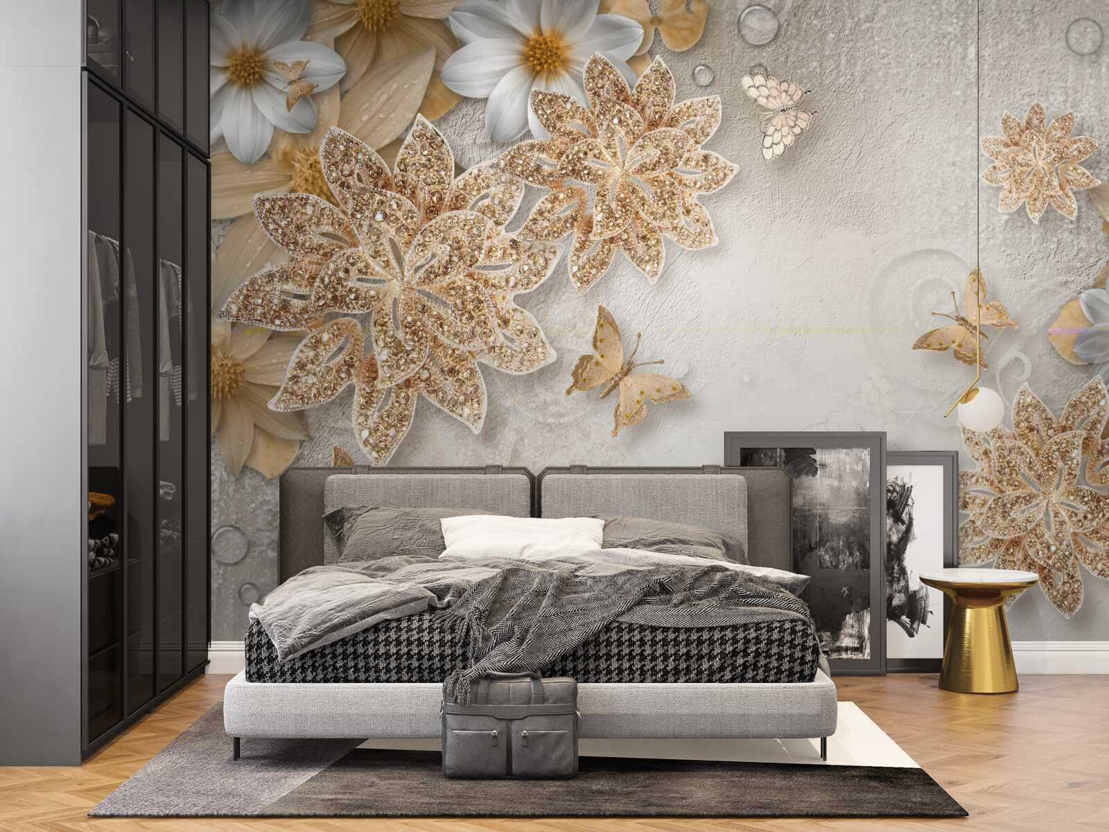 Fototapeta kwiaty w odcieniach bieli i brązu z fruwającymi motylami