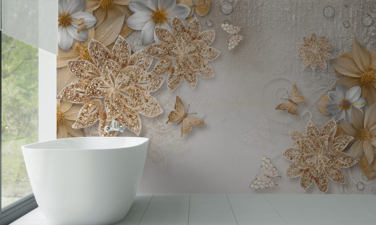 Fototapeta kwiaty w odcieniach bieli i brązu z fruwającymi motylami