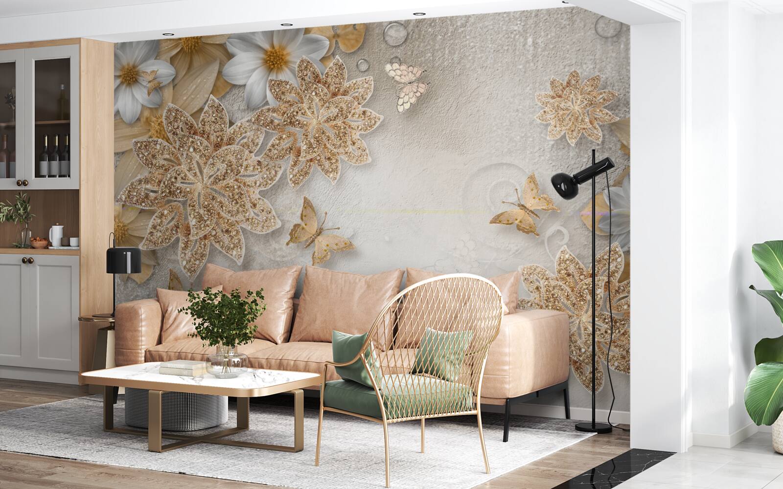 Fototapeta kwiaty w odcieniach bieli i brązu z fruwającymi motylami