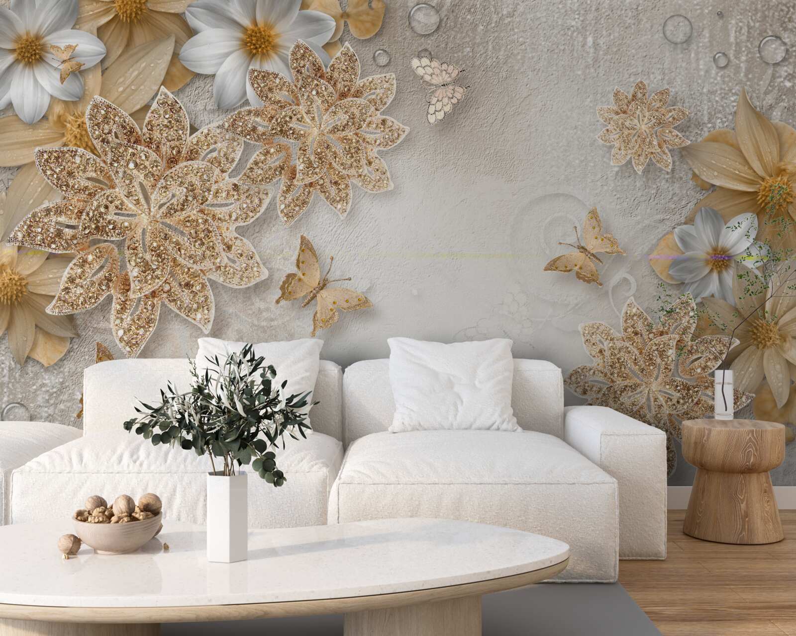 Fototapeta kwiaty w odcieniach bieli i brązu z fruwającymi motylami
