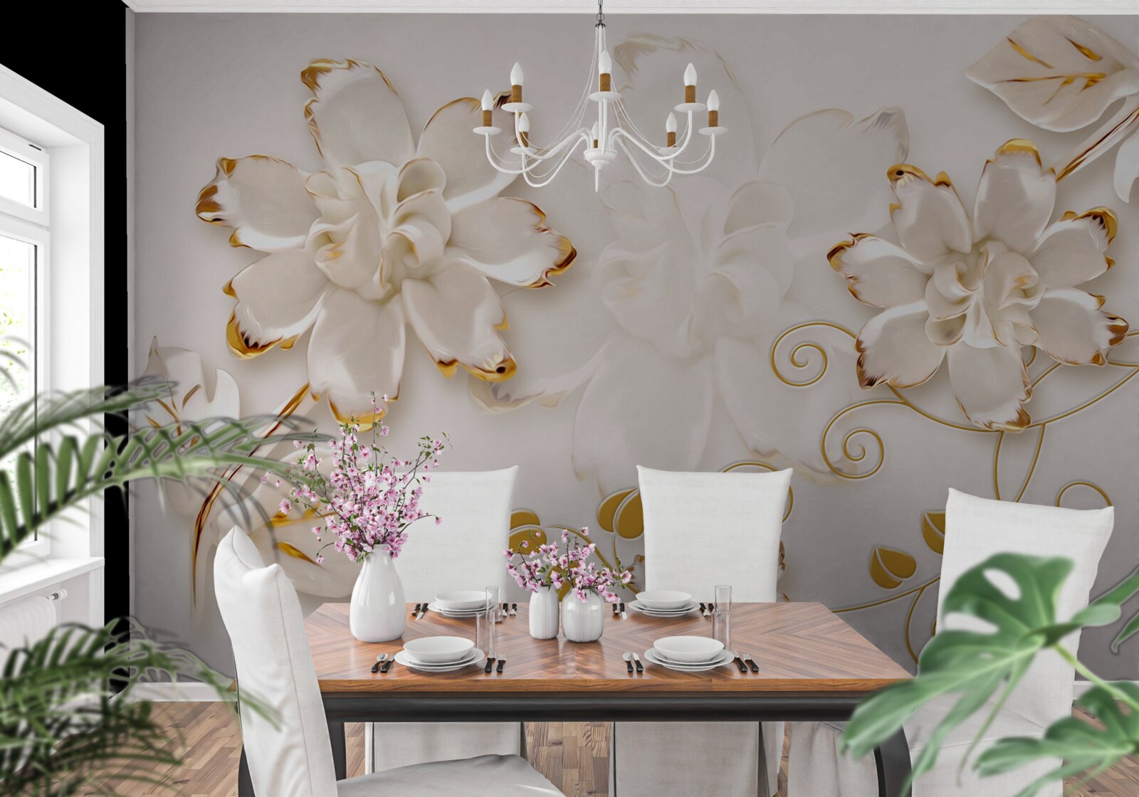 Fototapeta Śnieżnobiałe róże ze złotem