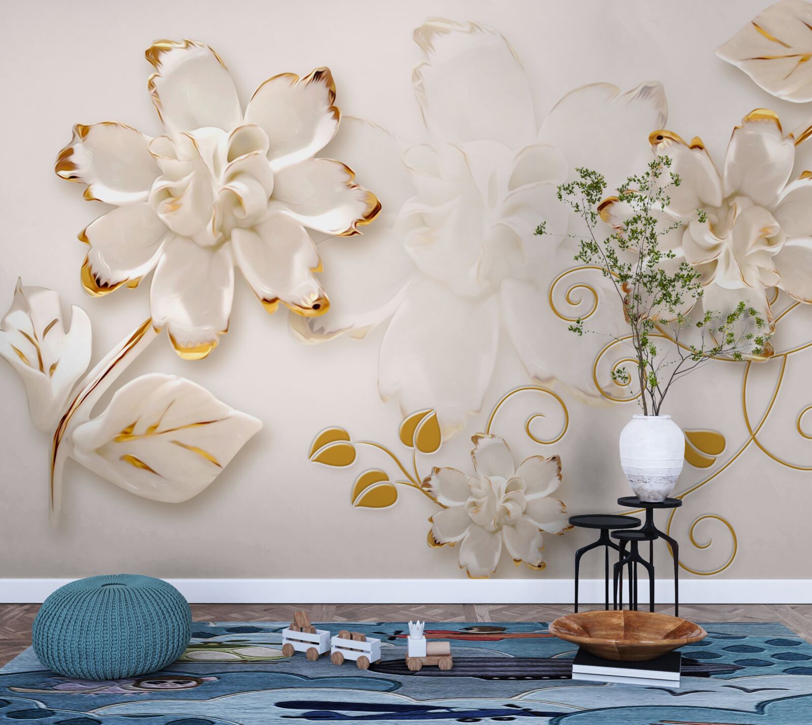 Fototapeta Śnieżnobiałe róże ze złotem