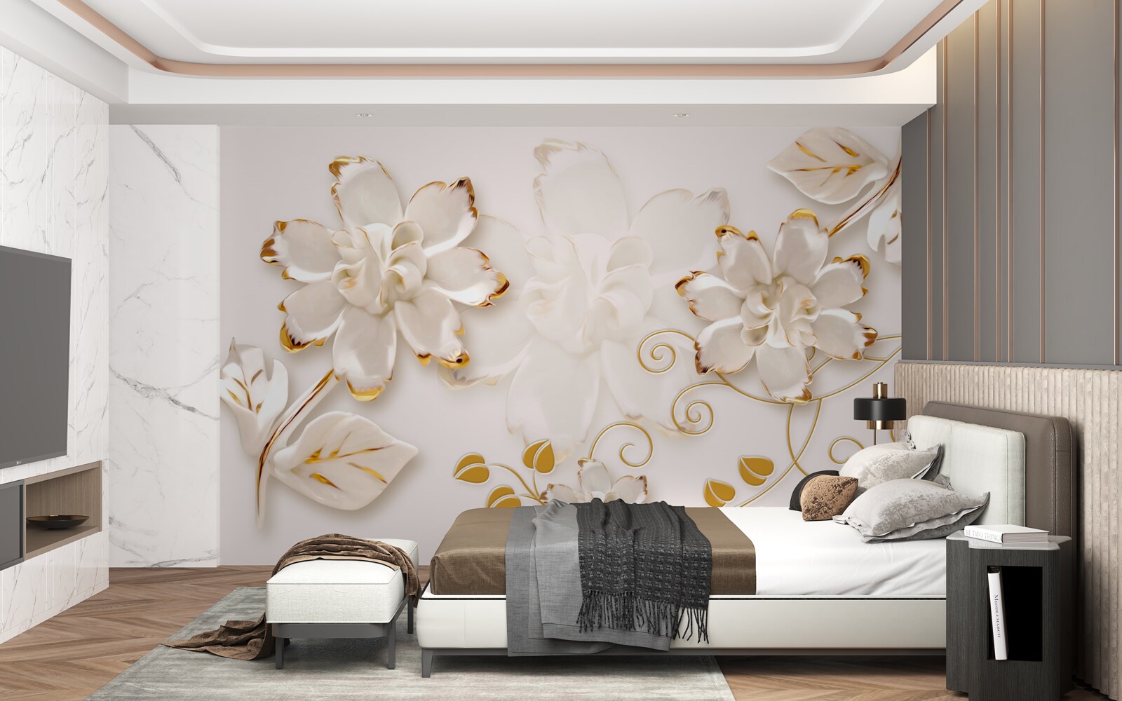 Fototapeta Śnieżnobiałe róże ze złotem