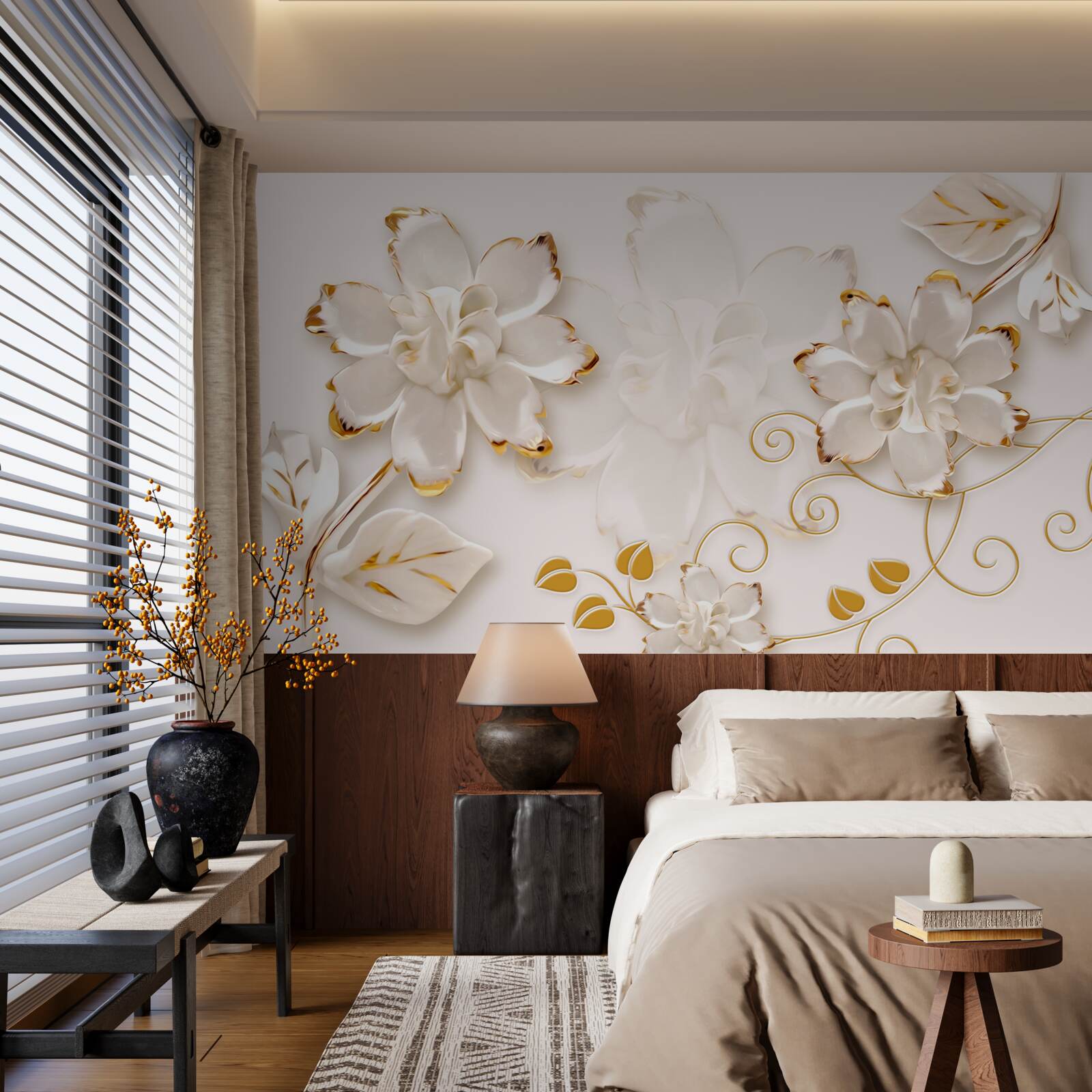 Fototapeta Śnieżnobiałe róże ze złotem