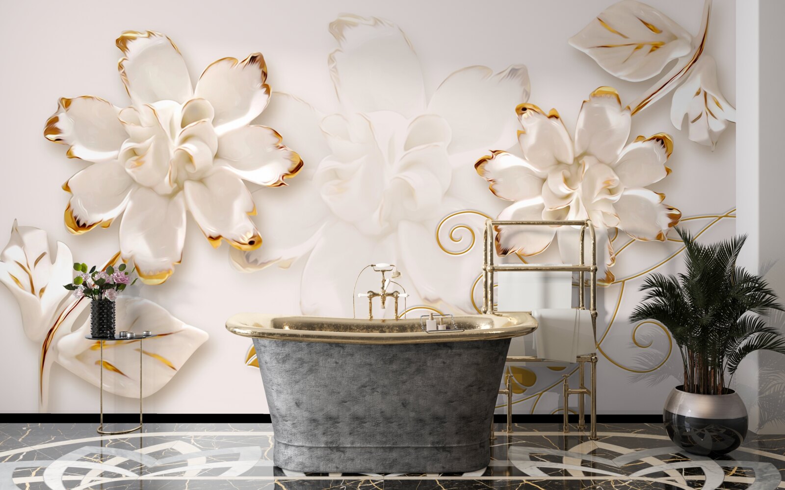 Fototapeta Śnieżnobiałe róże ze złotem