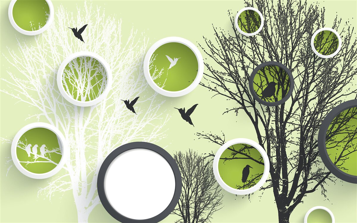 Fototapeta drzewa z ptakami w kolorach czarno-białych