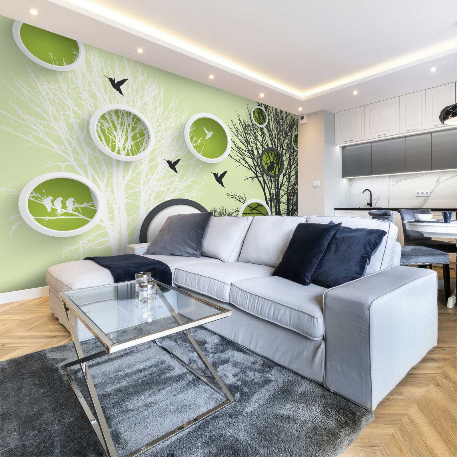 Fototapeta drzewa z ptakami w kolorach czarno-białych