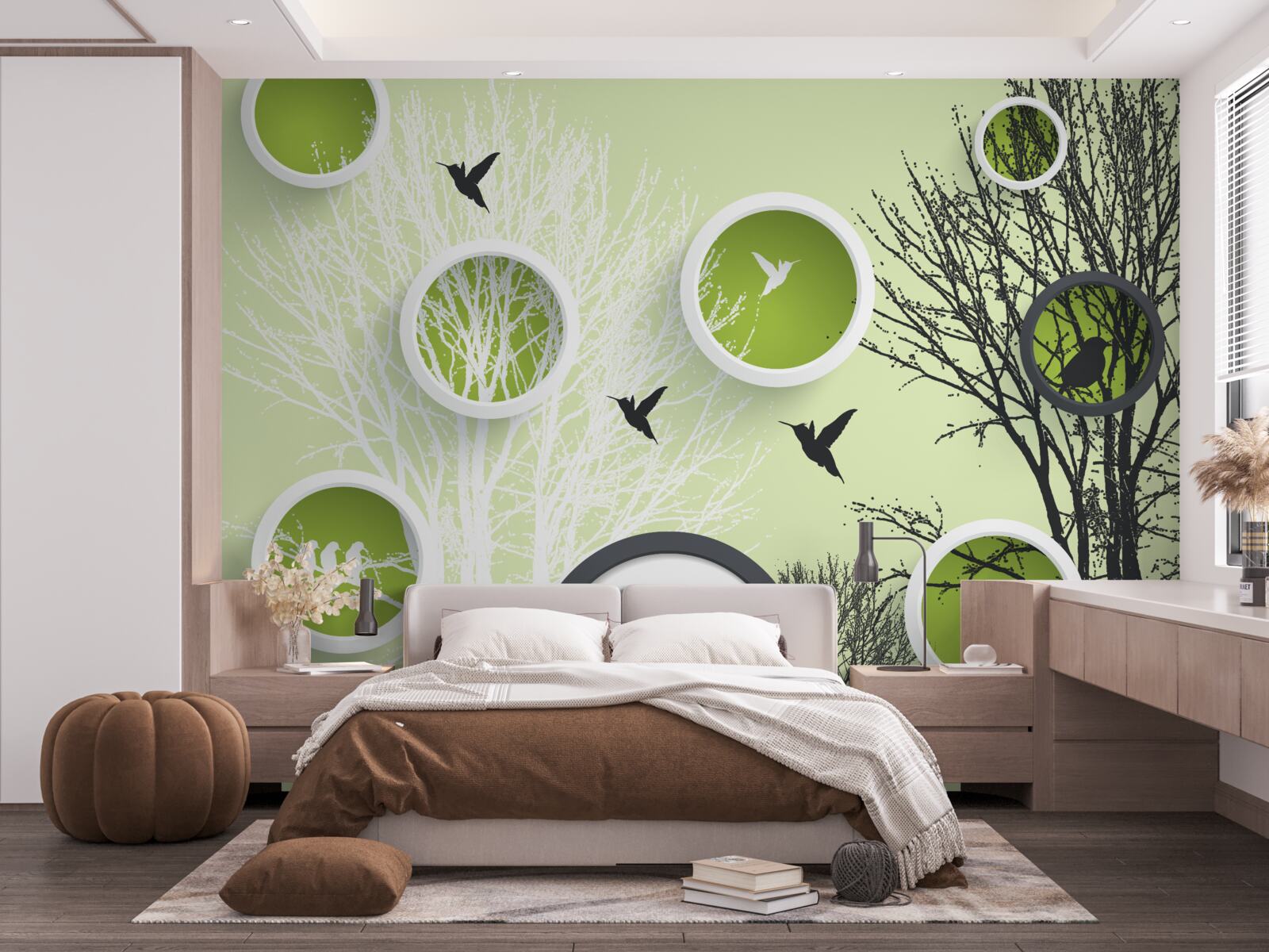 Fototapeta drzewa z ptakami w kolorach czarno-białych