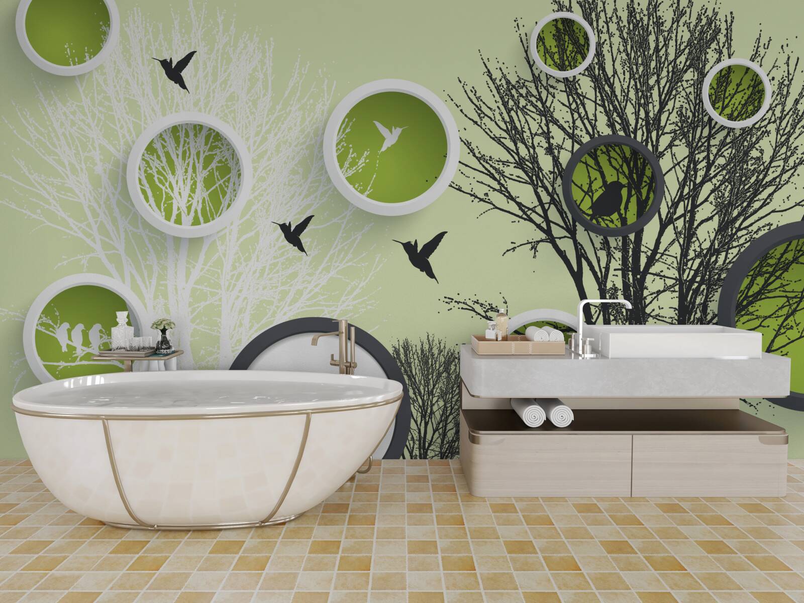 Fototapeta drzewa z ptakami w kolorach czarno-białych