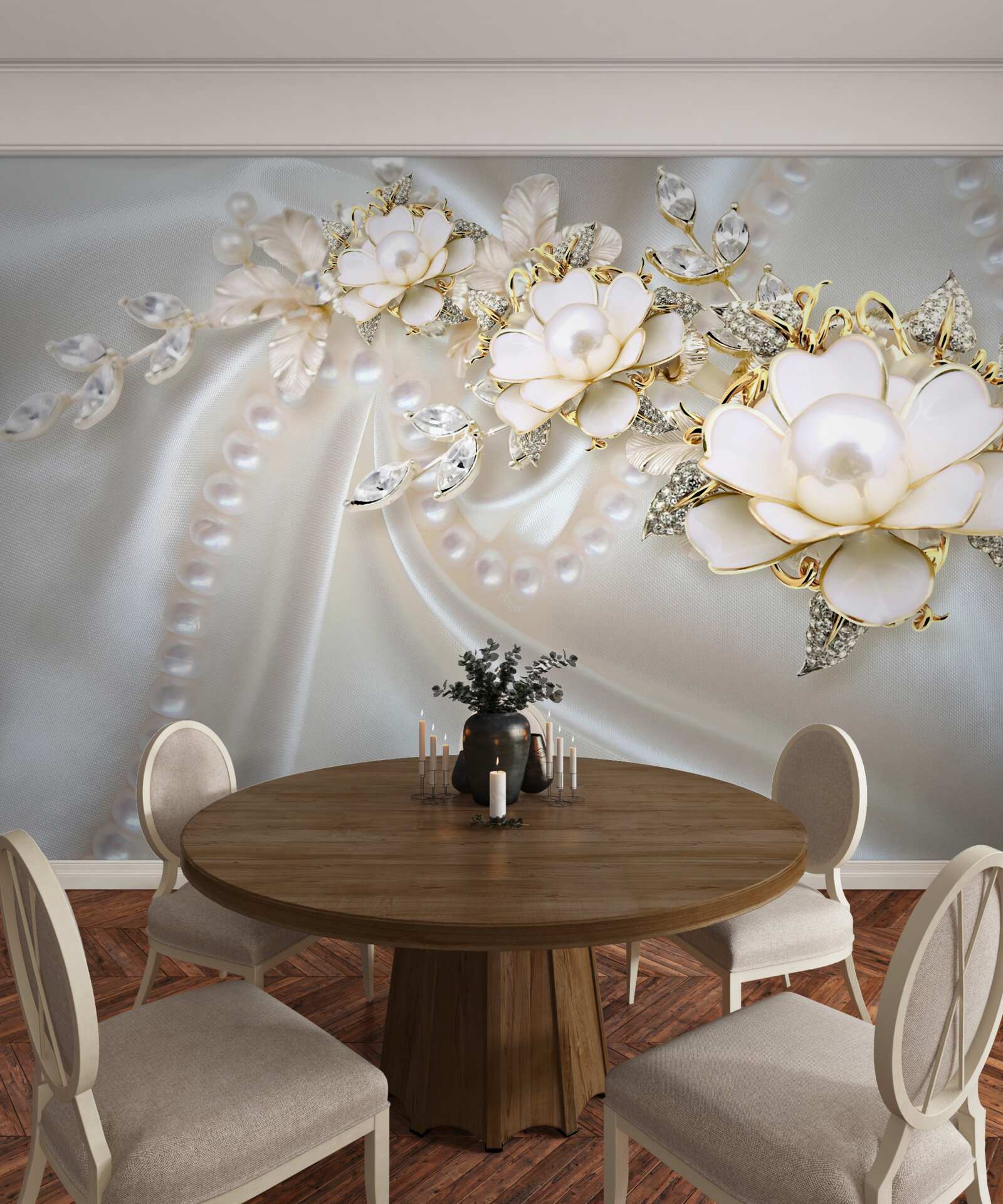 Fototapeta perły na jedwabiu ozdobione są różami