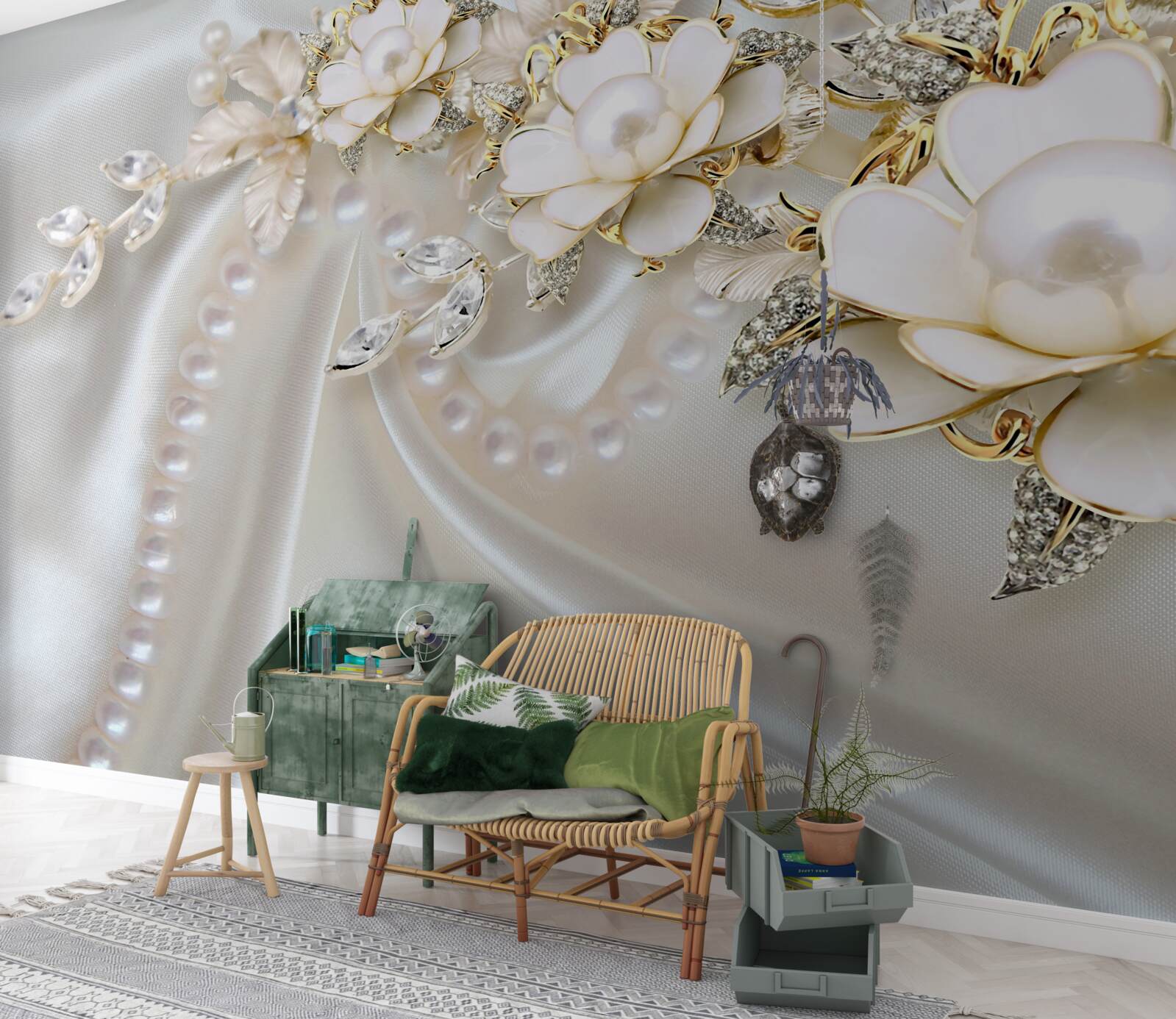 Fototapeta perły na jedwabiu ozdobione są różami