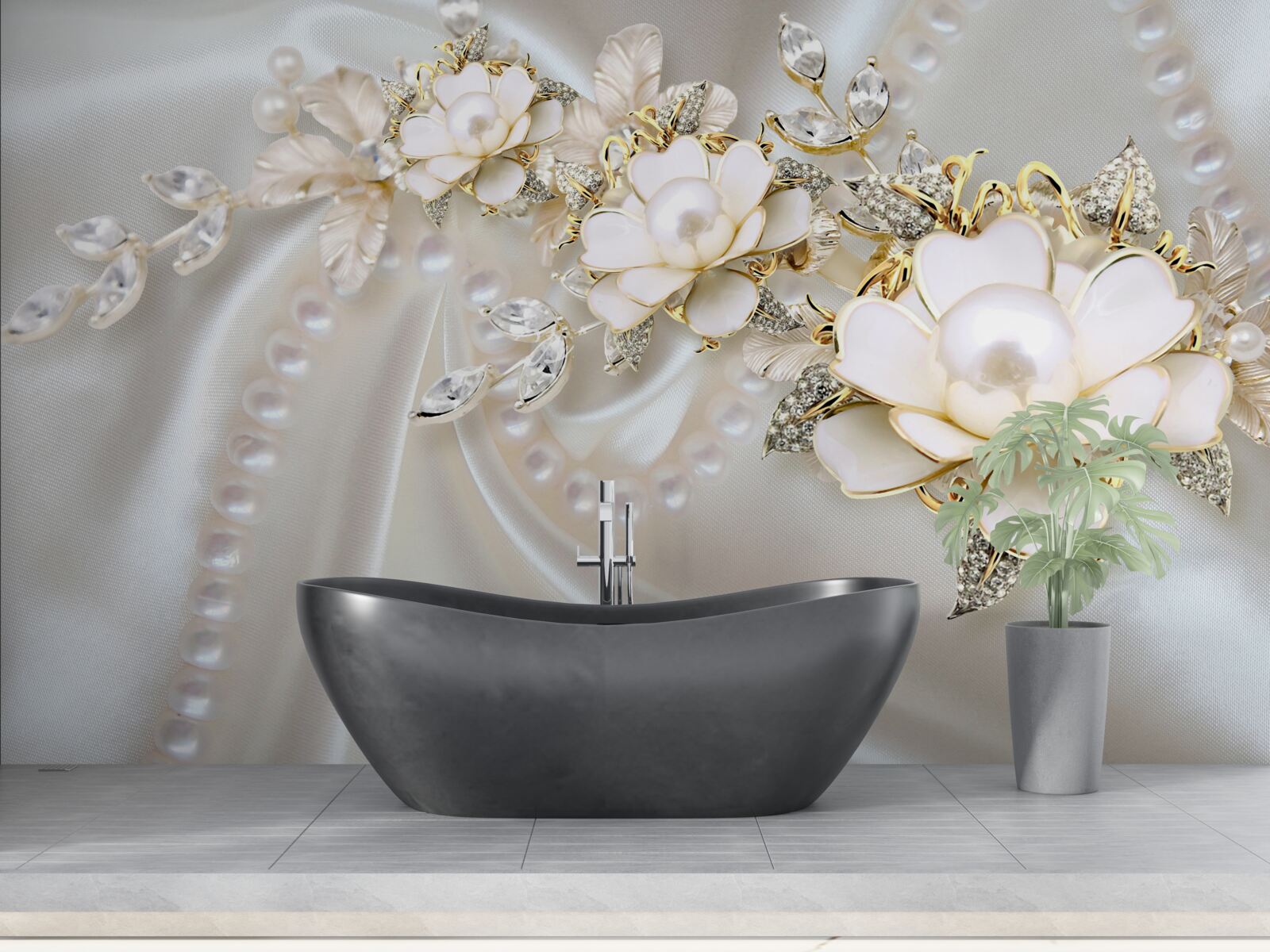 Fototapeta perły na jedwabiu ozdobione są różami