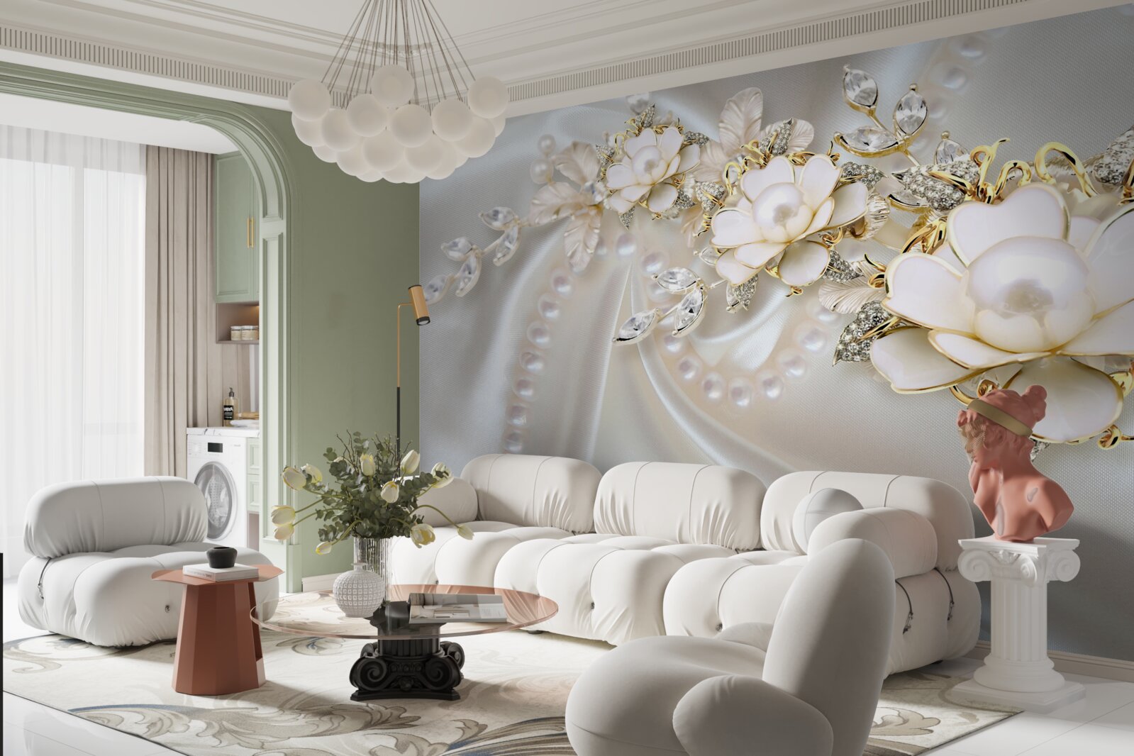 Fototapeta perły na jedwabiu ozdobione są różami