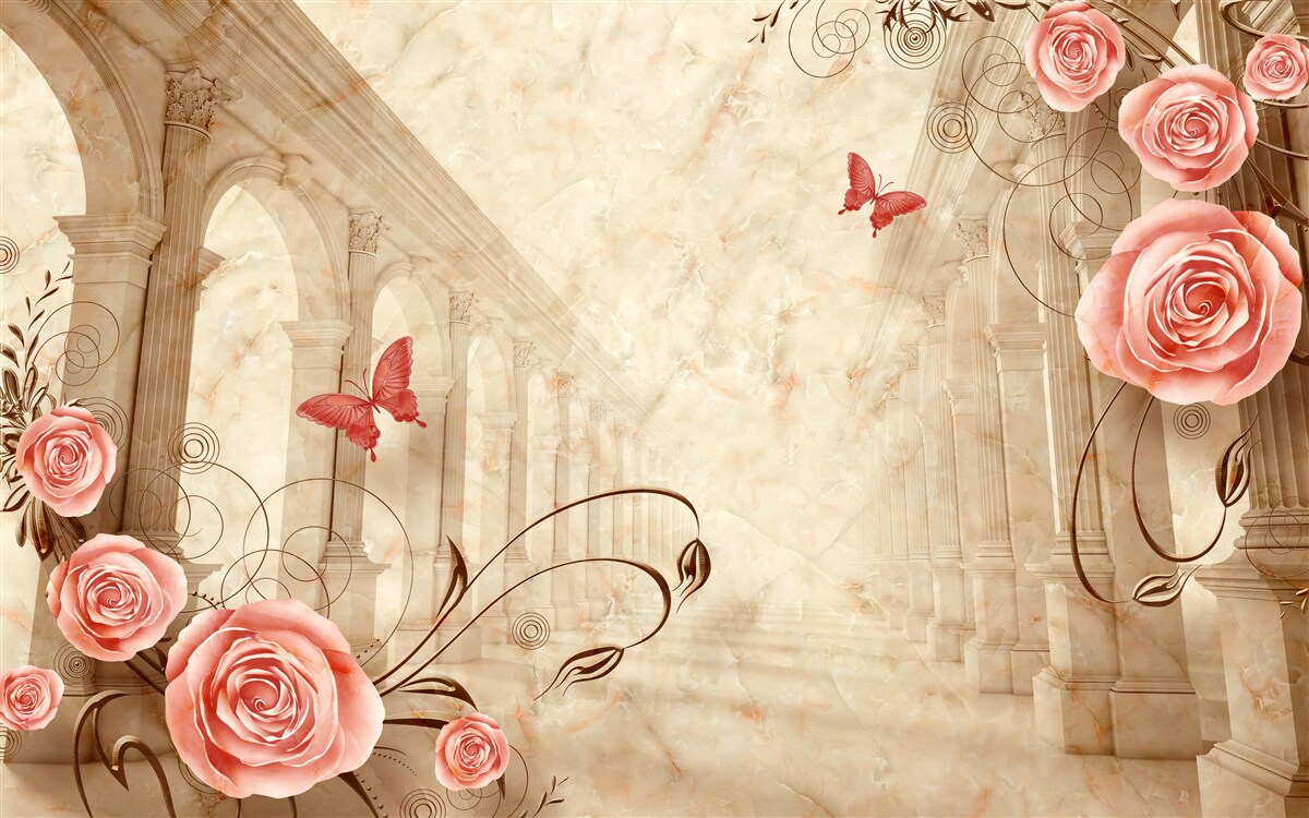 Fototapeta w tle łuków znajdują się motyle i różowe róże