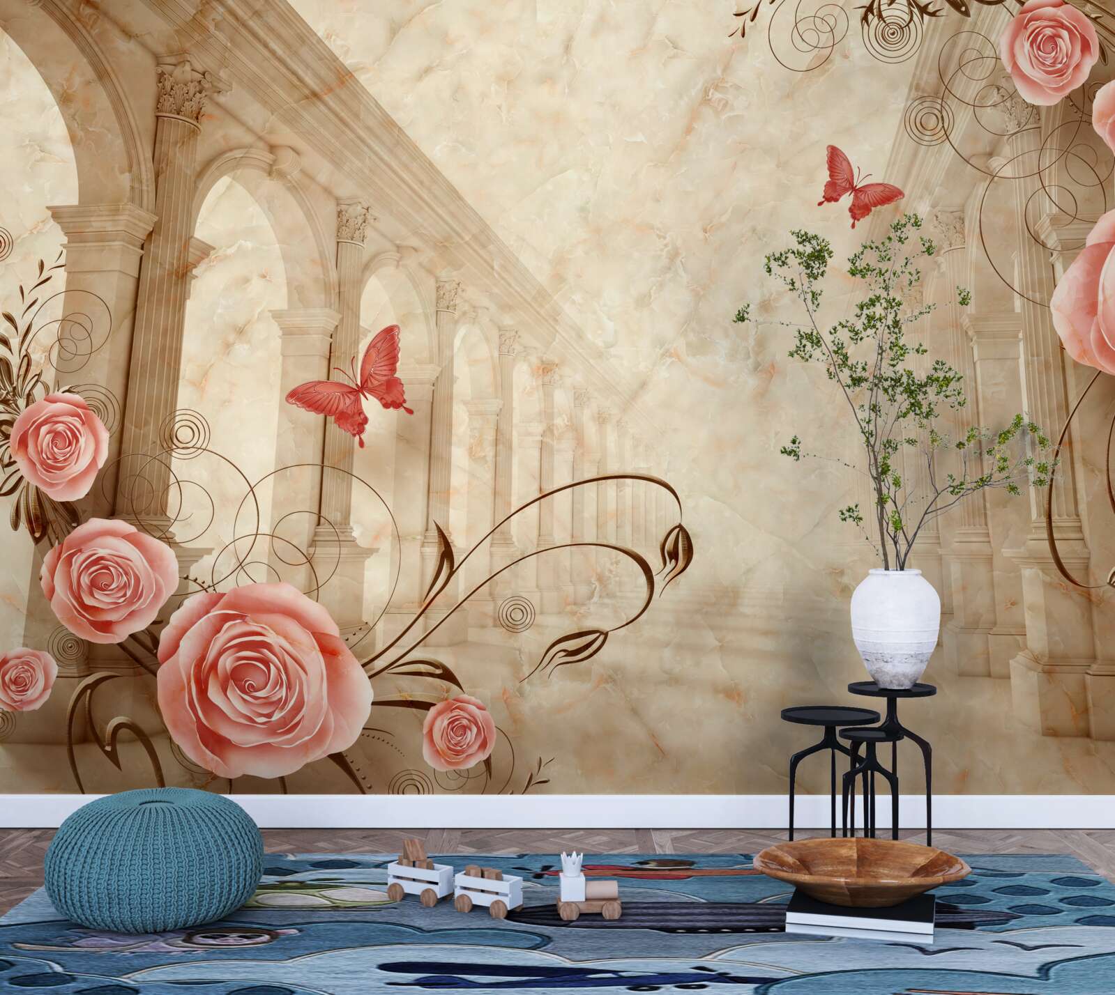 Fototapeta w tle łuków znajdują się motyle i różowe róże