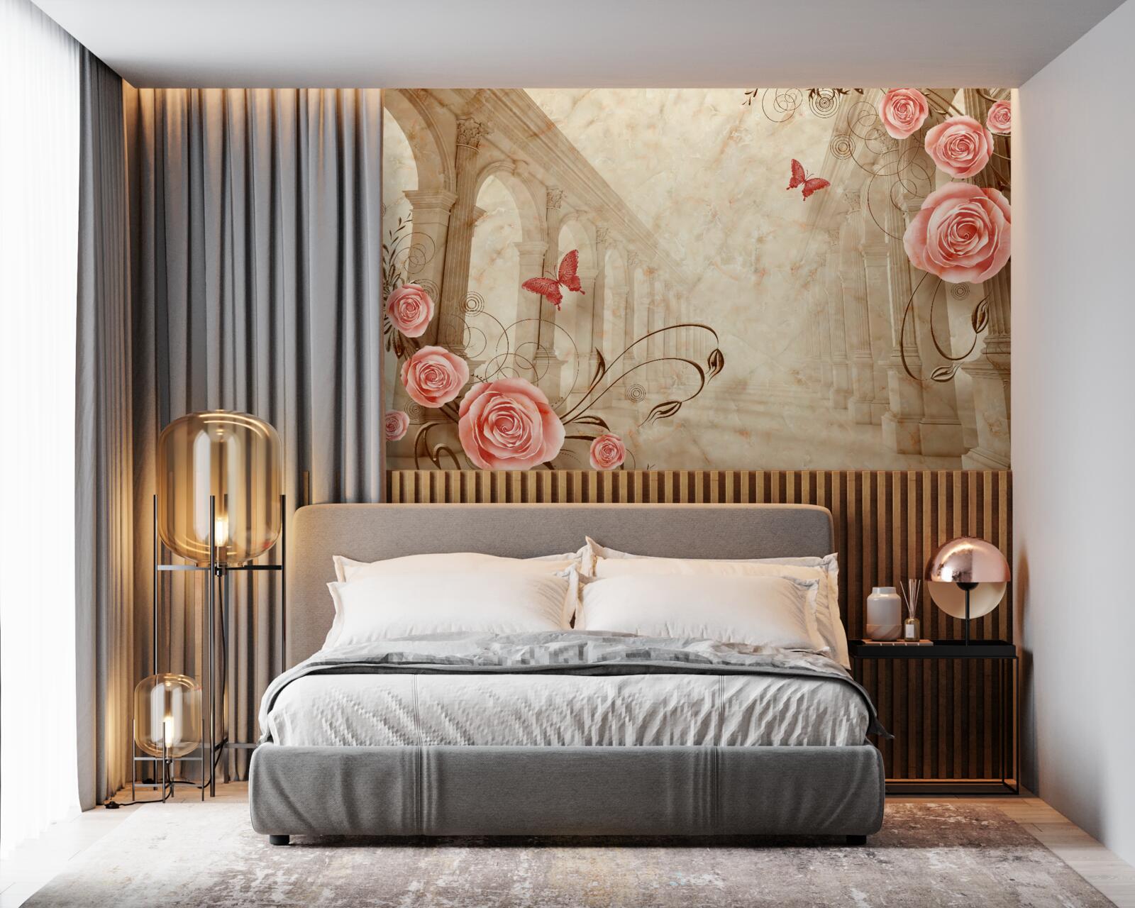 Fototapeta w tle łuków znajdują się motyle i różowe róże