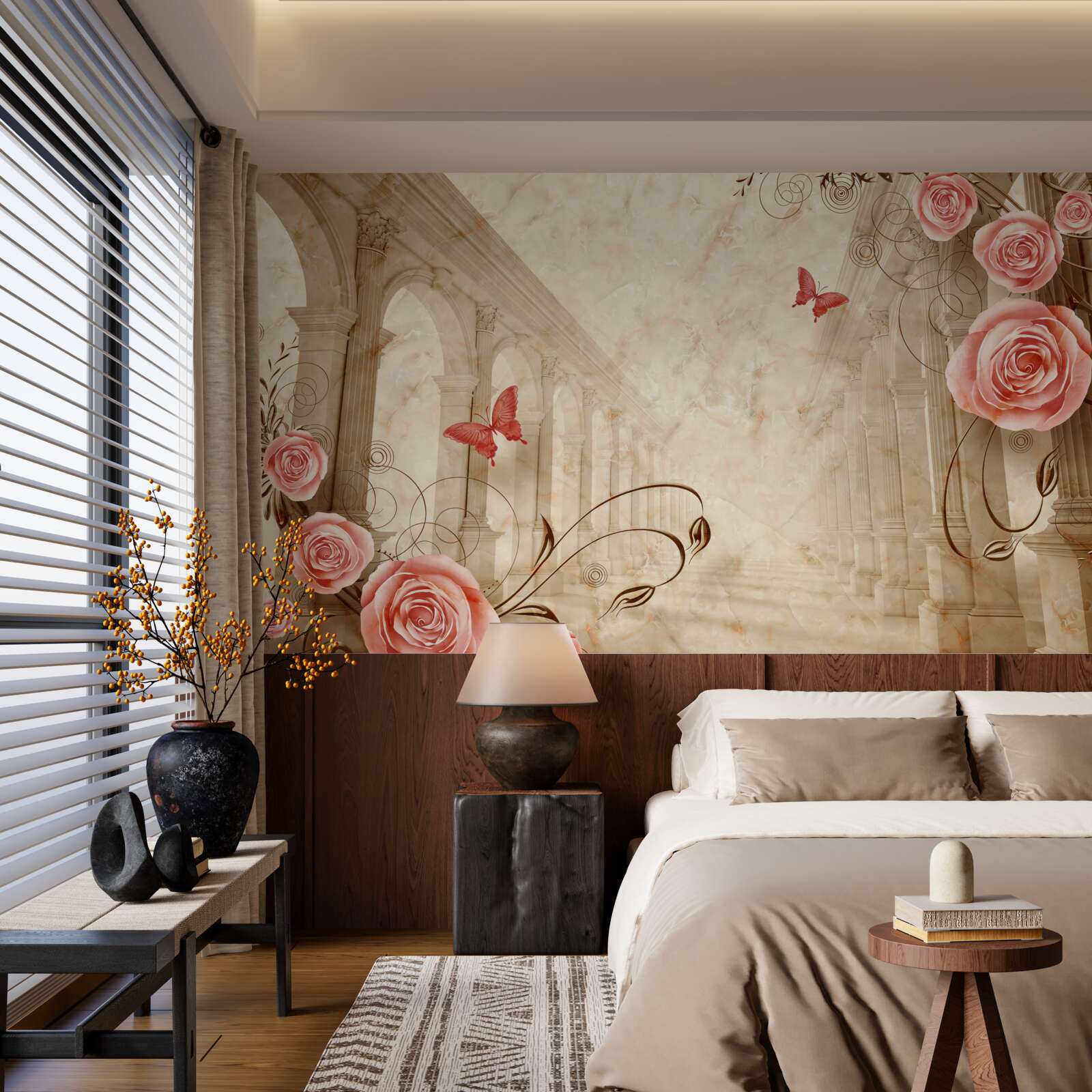 Fototapeta w tle łuków znajdują się motyle i różowe róże